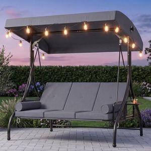 Aoxun Outdoor Porch Swing with Stand and Canopy, 3 Seats Outdoor Swings for Adults, Convertible 2 in 1 Swing Bed with Cup Holder, Patio Swings with String Lights for Garden, Yard & Balcony, Grey