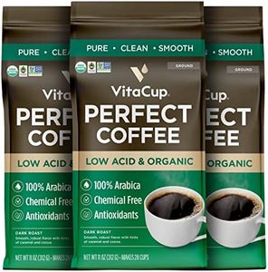 VitaCup Perfect Low Acid Coffee Ground, USDA Organic & Fair Trade, Mycotoxin Free, Dark Roast Guatemala Single Origin, Clean & Pure for Drip Coffee Brewers and French Press, 3 bags, 11oz each