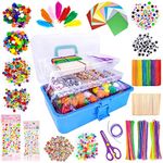 obqo 1405 Pcs Art and Craft Supplies for Kids, Toddler DIY Craft Art Supply Set Included Pipe Cleaners, Pom Poms, Feather, Folding Storage Box - All in One for Craft DIY Art Supplies, Blue