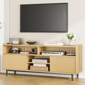 GarveeHome Fluted TV Stand for 70 Inch, Modern Entertainment Center with Sliding Doors, Wooden Media Console Cabinet with Adjustable Shelves, TV Cabinet for Living Room Bedroom, Natural Oak