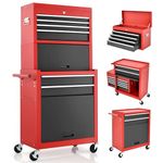 GiantexUK Tool Cabinet, 2 in 1 Lockable Metal Tool Chest with Removable Top Cabinet, Wheels, 5/6 Drawers, Pegboard & Hooks, Heavy-duty Rolling Tool Box Trolley (with Middle Toolbox, Black+Red)