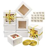 LANSCOERY White Bakery Boxes with Window, White Paper Gift Boxes with Ribbon and Stickers Treat Boxes Holders for Cookies, Cupcakes, Pies, Pastries and Candies 15 Pack 6 * 6 * 2.5 inch