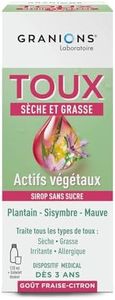 GRANIONS SIROP TOUX - 4 en 1 - Sans Sucres - Sirop Toux Seche et Grasse - Formule naturelle sans contre-indications - Extrait de Plantain - Dispositif médical - Dès 3 ans | Goût Fraise-Citron - 120 mL