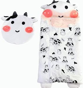Nalexmi Happy Sleeping Bag, Kids Sleeping Bag with Pillow for Girls, Boys, Kids, Animal Sleepy Sack, Comfy, Cozy, Slumber, Soft Pillow, Warm Cotton Plush, Size 68‘’*24‘’, White Cow