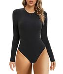 SHAPERX Bodysuit for Women Long Sleeve High Stretch Leotard Top Thong Jumpsuit Crew Neck Fits Everybody, UK-SZ5242-Black-L