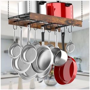 MAWEW Pot Rack Hanging,pot hanger,Hanging Ceiling Mount,Vintage Hangers for Kitchen Ceiling,The Terfect Combination of Iron & Wood Hanger,Measures 24 x 13 2.4 Inches. (Black) (YJ165A)