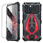 KumWum Armor Phone Case for iPhone 14 Pro Military Grade Protective Heavy Duty Full Body Cover Metal Bumper Built-in Silicone Shockproof Dustproof with Lanyard & Screen Protector - Black + Red