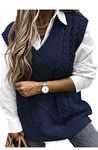 Vancavoo Women Sweater Vest V-Neck Knitted Women's Sleeveless Pullover Solid Color Split Side Loose Jumper Ladies Gilet Tops Streetwear Knitwear Stylish Vintage Waistcoats Clothes(Navy Blue,XL)