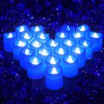 Litake Blue Light Candles, Romantic Blue LED Candles 24 pcs,Flameless White Candles with Blue Flickering Light ,Blue Tealight Votive Candles for Birthday Party Christmas Valentine Halloween Decor