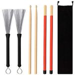 Drum Sticks Bag Set - 5A Maple Wood Drum Sticks 1 Pair Drum Wire Brushes Retractable Drum Stick Brush and 1 Pair Rods Drum Sticks for Jazz Acoustic Folk Music Lover Gift