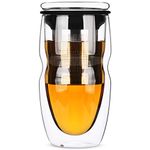 BTAT- Double Wall Glass Tea Cup with Stainless Steel Infuser, 500ml, 16oz Glass, Tea Cup with Lid, Tea Infuser Cup, Tea Cup with Filter, Tea Cup with Infuser, Tea Infuser Mug, Tea Gifts for Tea Lovers