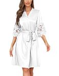 RSLOVE Women Satin Robe Lace Trim Kimono Bridesmaid Dressing Gown Long Bride Robes for Wedding White Large