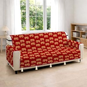 Cloth Fusion 300 GSM Quilted Jaipuri Theme Printed 3 Seater Sofa Cover Mat-Style Fully Covered with Armrest Pockets, Adjustable Straps & Lock Fit (170 cm Seat Run, Elephant Block)
