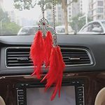 Car Rear View Mirror Hanging Pendant, Feather Dream Catcher Crystal Charm Bling Car Deco Accessories for Women (Red)