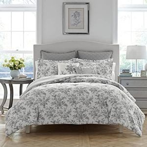 Laura Ashley Home - Queen Comforter Set, Reversible Cotton Bedding, Includes Matching Shams with Bonus Euro Shams & Throw Pillows (Annalise Grey, Queen)