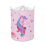 Clastyle 45L Unicorn Pink Baby Laundry Basket with Lid Collapsible Large Clothes Toy Basket Storage, 14.2x17.7 in