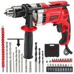 TEENO Corded Impact Drill 910 W, Electric Hammer Drill 0-3000 RPM with 38 Accessories, 360° Rotary Handle,Variable Speed, 13mm Metal Chuck, Carring Case,Brick, Wood, Steel