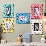 Duadecor Set of 5 - Wooden Photo Frame Carved Picture Frame 5 x 7 Wood Carving Decorative Rustic Finish -Photo Holder Frames TableTop/Office/Home Decor – Blue, Pink, Yellow, White, Turquoise