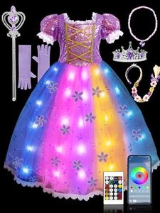 Princess Costume for Girls 3-9, RGB Lights Music Sync Princess Dress Up Clothes Girls Halloween Costumes with Accessories, Toddler Princess Dress App Remote Control for Birthday, Party, Christmas