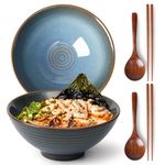 NUTRIUPS 7.8 Inch Ceramic Ramen Bowl Set of 2 Pho Bowls Japanese Noodle Udon Soup Bowls with Spoons and Chopsticks (Ocean Blue), LARGE, TCLMW01