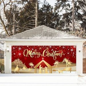 DARUNAXY Red Jesus Christmas Garage Door Decorations, 16X7ft Merry Christmas Garage Door Banner Backdrop Holy Nativity Religion Christmas Holidays Mural Background for Xmas Eve Happy New Year
