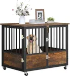 YITAHOME 38" Dog Crate Furniture with Wheels, Heavy Duty Wood Dog Cage Table with Double-Doors Chew-Resistant Wooden Dog Kennel Indoor for Large and Medium Dogs Rustic Brown