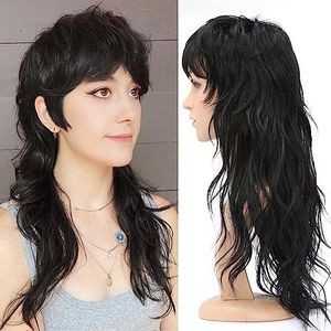 80s Mullet Wigs Pixie Cut Wigs with Fringe for Black Women, Wolf Cut Wig, Straight, Long, Black, Synthetic Wigs with Bangs, Glueless Mullet Wig for Black Women