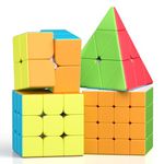 ROXENDA Speed Cube Set, 2X2 3X3 4X4 Pyramid Cube Stickerless Fast Cube with Instruction [4 Pack] (Stickerless Cube Set)