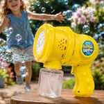 Storio Automatic Bubble Gun for Kids, Rechargeable Electric Bubble Machine with Solution, One Touch Bubble Blower Toy for Indoor Outdoor Party, Gift for Toddlers Boys Girls - Yellow