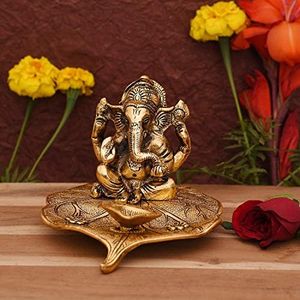 CraftVatika Ganesha on Leaf - Ganesh with Diya - Lord Ganesha Metal Hand Craved for Home Temple Pooja Mandir Decorative Gift