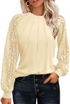 HOTOUCH Women's Lace Long Sleeve Tops Pleated Crew Neck Blouses Shirts Dressy Casual Western Fall T-Shirts Beige