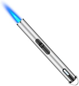 Butane Torch Lighters, 6.5-inch Refillable Pen Lighter with Fluid View Window Hook and Adjustable Jet Flame, Windproof Butane Lighter for Candle Grill BBQ Camping Fireworks(Gas Not Included)(Silver)