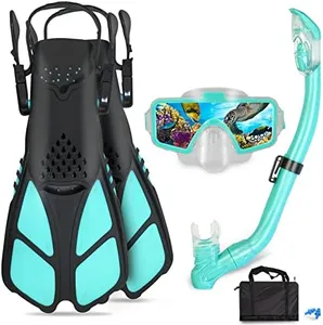 AosDero Kids Snorkeling Set Adjustable Swimming Kids Flippers+Panoramic Snorkel Mask+ Dry Snorkel Tube+ Travel Bags Suitable Snorkeling Gear for Kids,Juniors,Age 5-14