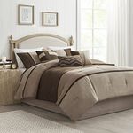 Madison Park Palisades Comforter Set Modern Faux Suede Pieced Stripe Design, All Season Down Alternative Cozy Bedding with Matching Shams, Decorative Pillows, Queen(90"x90"), Brown 7 Piece