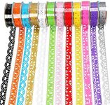 Qtopun Lace Pattern Self-Adhesive Tape, 12 Rolls Glitter Bling Sticker Colorful Sticky Paper Tape for DIY, Decorative Craft, Gift Wrapping, Scrapbook