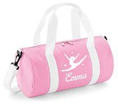 beyondsome Personalised Gymnastics Dance Bag Girls Pink Barrel Ballet Dancing Gym Kit Gift, Baby Pink and White/White Print