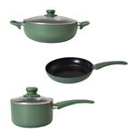 Get Plumm Ceramic Coating PFOA Free Cooking Pot, Sauce Pan, Fry Pan | Soft Touch Handle | Tempered Glass Lid | Set of 3 | Ceramic Non Stick | Gas & Induction Compatible | 1 Year Warranty (Green)