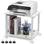 Cakokow Under Desk Printer Stand - 2-Tier Industrial Mobile Printer Table with Storage Shelf, Heavy Duty Wood Rolling Printer Cart with Wheels for Home and Office,Maple White