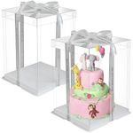 Clear Tall Cake Box, 2 PCS 12"x12"x14" Transparent Cake Box with Ribbon, Cake Packaging Boxes Carrier Container for Large Tall Layer Tiered Cakes Wedding Birthday Party, Gift Boxes with Lid