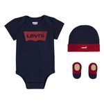 Levi's Kids Classic Batwing Infant Hat Bodysuit Bootie Set 3 Piece Baby Boys, Dress Blues, 0-6 Months