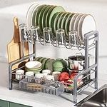 Romision Dish Drying Rack and Drainboard Set, 2 Tier Large Stainless Steel Sink Organizer Dish Racks with Cups Holder, Utensil Holder, Dish Strainer Shelf for Kitchen Counter, Silver