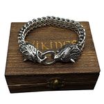 ZFSBRTL Nordic Mythology Silver 3D Wolf Head Bracelet, Men's Stainless Steel Viking Odin Wolf Fenrir Skull Bracelet Vintage Amulet Jewelry Gifts with Wooden Box,19cm