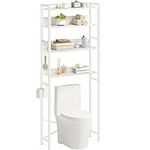 Rolanstar Over The Toilet Storage, 4-Tier Bathroom Organizer with 4 Hooks, Bathroom Space Saver, Wooden Freestanding Bathroom Organizer Over Toilet, Over Toilet Storage Rack, White