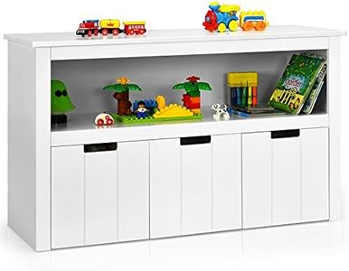 BABY JOY Kids Toy Storage Cabinet with 3 Removable Drawers, Rolling Wheels & Open Shelf, Kids Bookcase w/Large Storage Bins, Children Toy Storage Chest for Bedroom Playroom