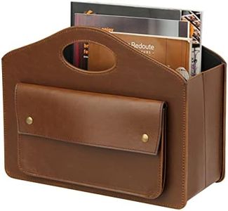 HofferRuffer Leather Magazine Holder Newspaper Rack with Handle Foldable Storage Basket with Little Front Bag Multipurpose Organizer Brown 13.8*11*6 Inch