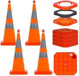 28'' inch Collapsible Traffic Safety Cones with Weighted Base, 4 pcs Multi Purpose Pop-up Cones with LED Light and Reflective Collar, for Road Parking, Driving Practice - Sturdy Design (4, 28'')