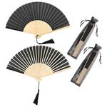 Vaktop Handheld Fan Folding, 2 Pcs Silk Hand Fans for Women Folding with Tassel and Fan Bag, Hand Fan Folding - for Gifts Dancing Cosplay Wedding Party Props Decoration (Black)