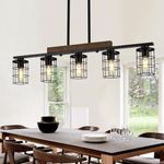 Dining Room Light Fixture/Chandelier Over Table, 36.2-Inch Hanging for Farmhouse Linear Chandeliers,5-Light Kitchen Island Lighting, Black Rustic Wooden Ceiling Chandelier,with Metal lampshade