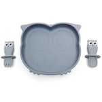 KIDS STATION™ 3pcs Owl Shape Suction Plate, Feeding Spoon and Fork, Food Grade Silicone, BPA-Free & Microwave Safe Baby Feeding Essentials, Toddler Training Feeding Set (Blue)