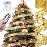 Ribbon Fairy Lights,YIMIKE 33FT 100LED Christmas Trees Shining Ribbon Strings Lights,8 Modes with Remote & Timer,Battery Operated,for Home Wedding Indoor New Year Xmas Party Decor (Gold Colorful)